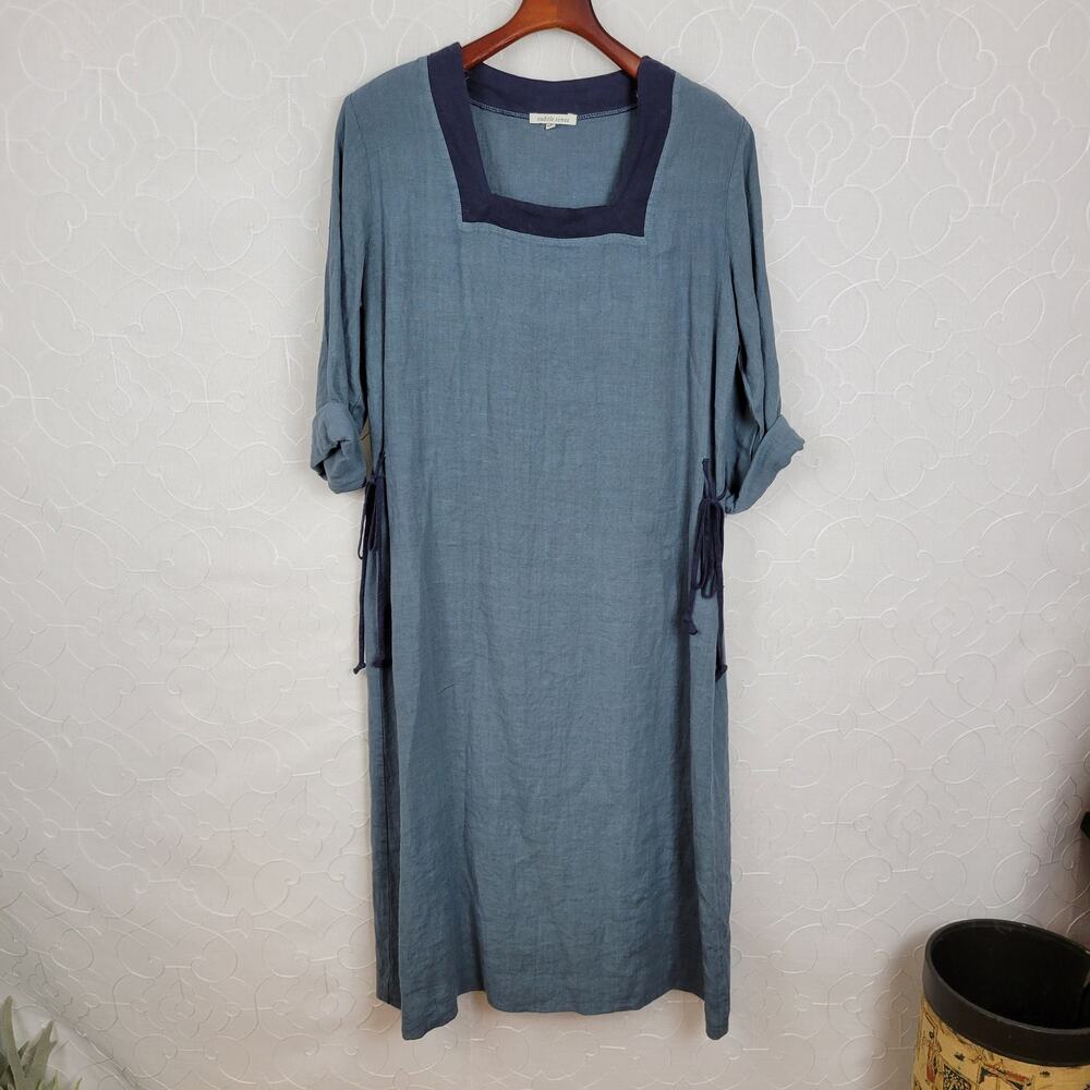 VTG Subtle Tones Linen Dress XS Blue Square Neck Side Ties Lagenlook Maxi